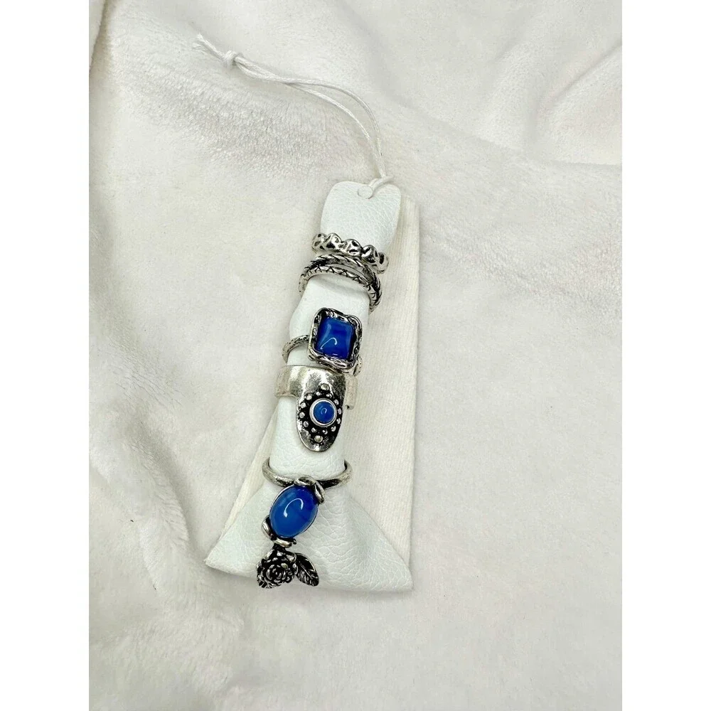 NEW Free People Silver Tone Blue Stone Statement Rings Set of 5 Boho Jewelry